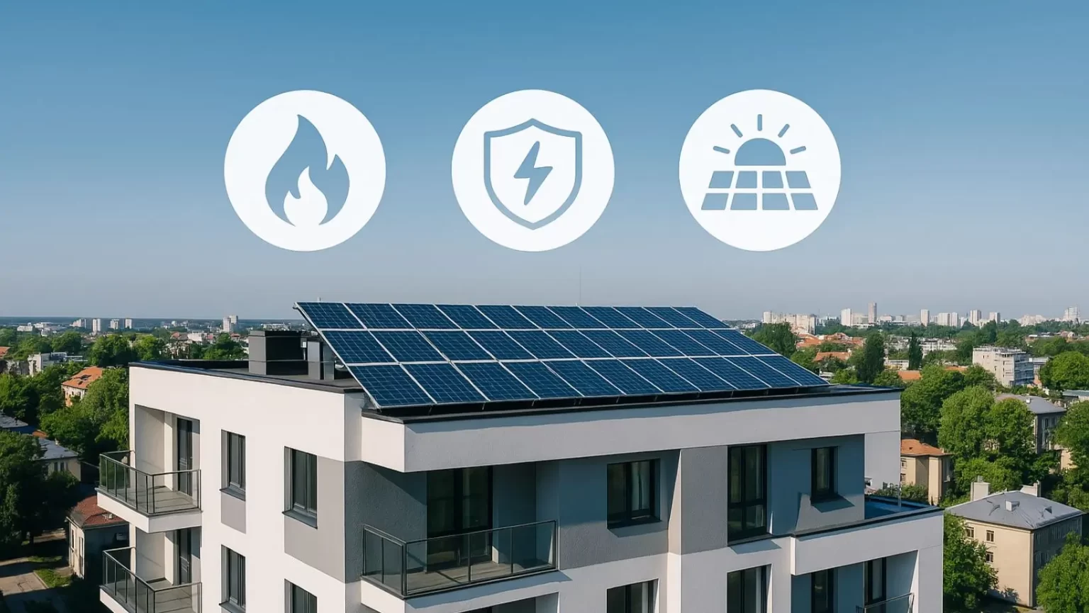 Instalação de sistema fotovoltaico em edificação urbana com ícones de segurança, representando a aplicação prática da Norma ABNT NBR 17193/2025 para proteção contra incêndios e choques elétricos.