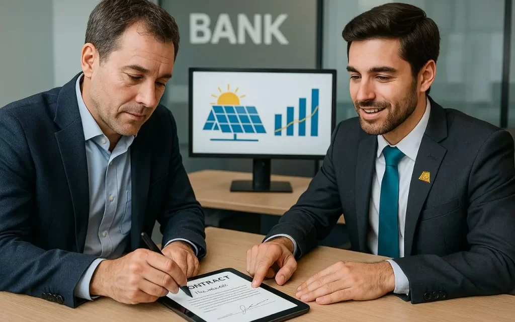 Cliente assinando contrato digital com consultor de energia solar em agência bancária, simbolizando o processo de financiamento energia solar com apoio técnico e financeiro.