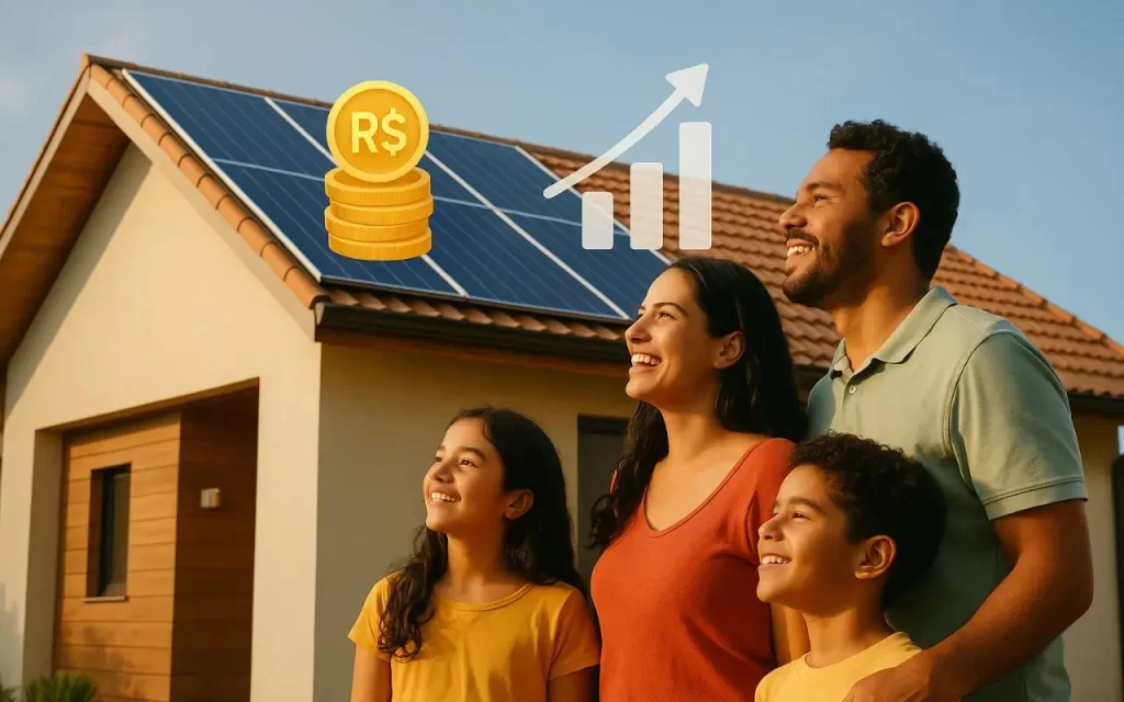 Família sorridente em frente a uma casa com painéis solares no telhado, representando os benefícios do financiamento energia solar para residências no Brasil.