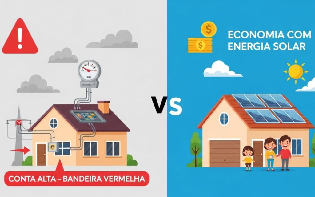 Ilustração dividida mostrando casa com conta alta e bandeira vermelha de energia à esquerda, e casa com energia solar e economia à direita, com céu limpo e família sorrindo
