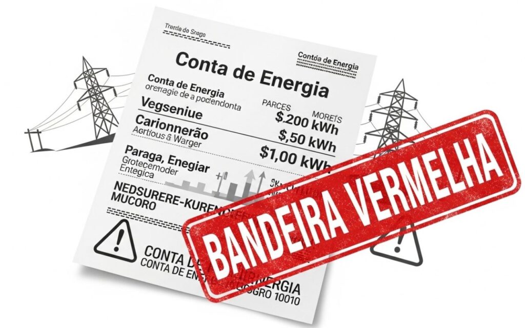 Ilustração de conta de energia elétrica com selo vermelho escrito "Bandeira Vermelha", representando o aumento na tarifa por acionamento da bandeira vermelha de energia