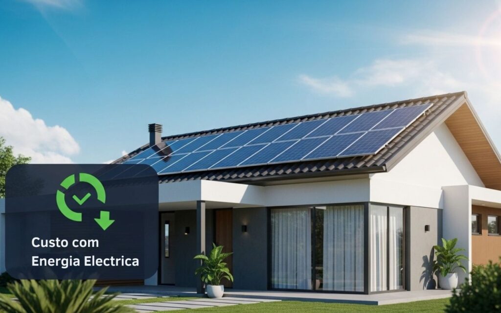 Casa moderna com painéis solares no telhado em dia ensolarado, destacando redução nos custos de energia elétrica, alternativa à bandeira vermelha de energia