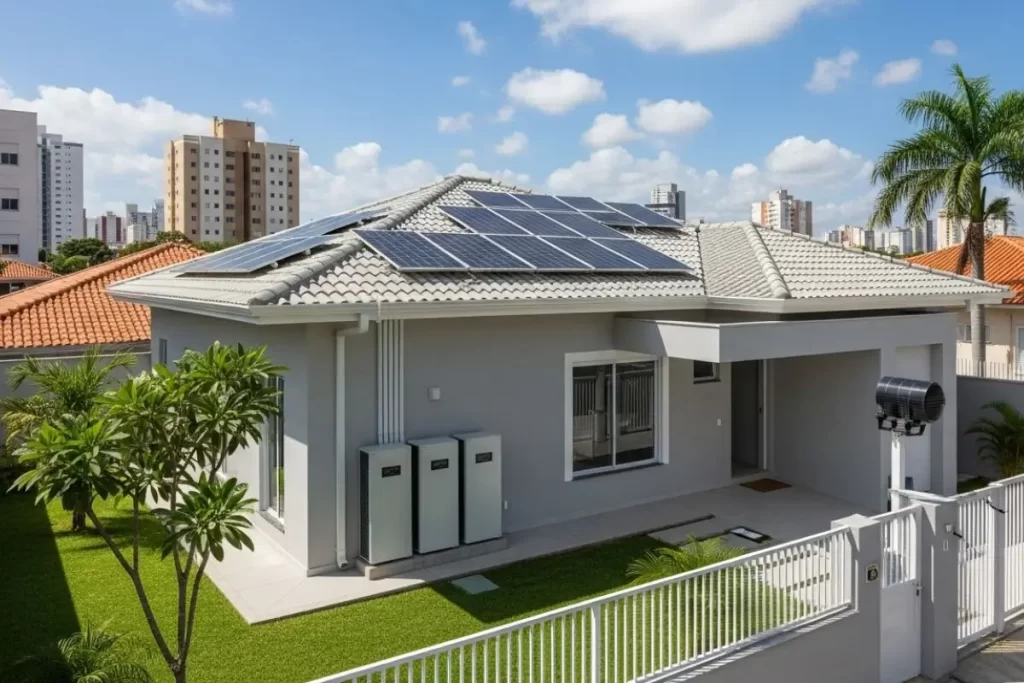 Casa equipada com sistema solar híbrido, com painéis fotovoltaicos no telhado e baterias instaladas externamente, em bairro urbano