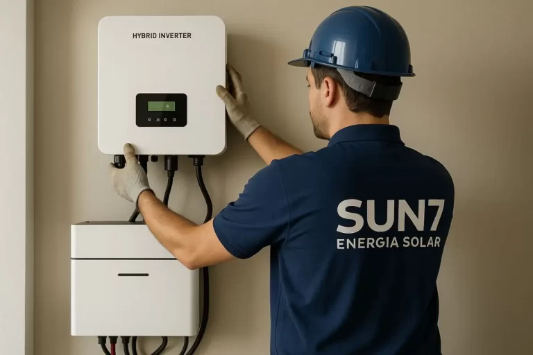 Instalação de sistema solar híbrido por técnico da Sun7 Energia Solar, com inversor conectado a baterias em ambiente residencial