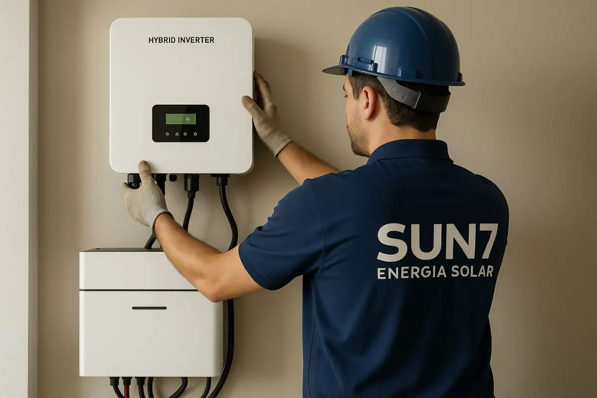 Instalação de sistema solar híbrido por técnico da Sun7 Energia Solar, com inversor conectado a baterias em ambiente residencial